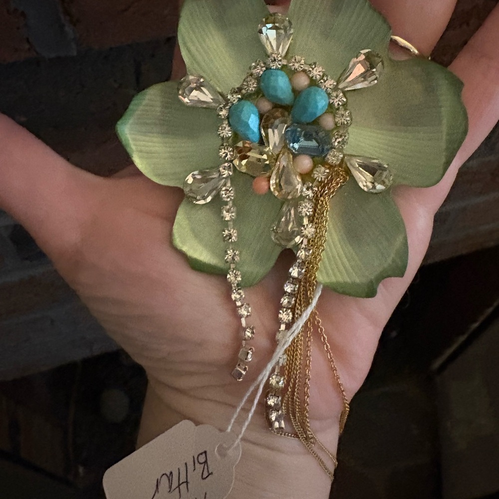 Alexis Bittar Handcrafted Green and Gold Floral Brooch with Crystal Accents